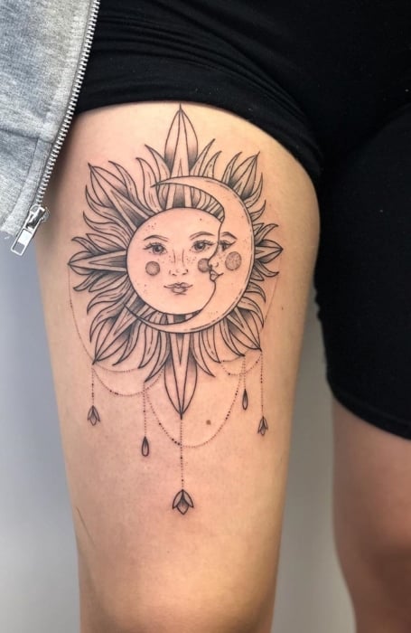 Sun And Moon Thigh Tattoo 