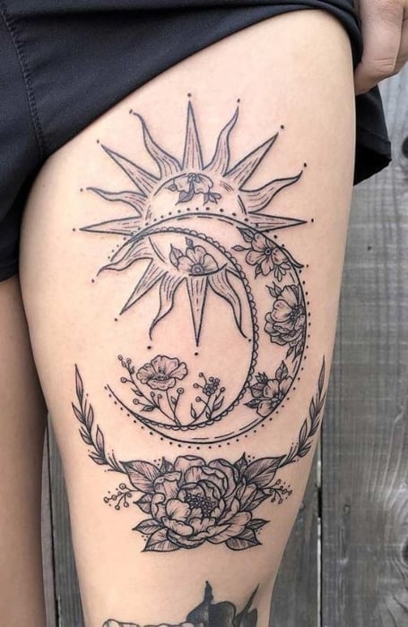 Sun And Moon Thigh Tattoo