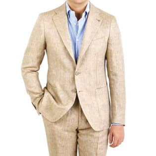 Tagliatore Beige Herringbone Linen Drop 7 Suit Front