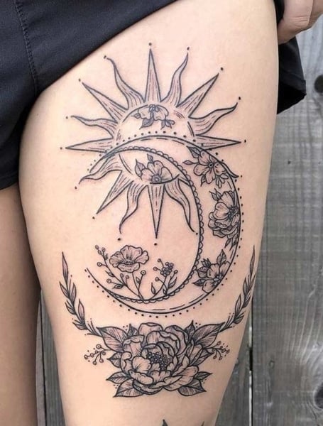 Sun And Moon Thigh Tattoo (2)