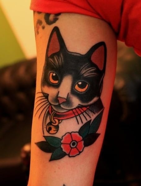 American Traditional Cat Tattoo