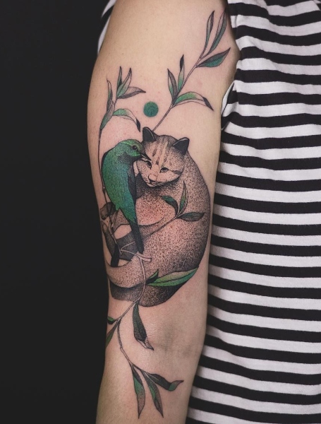 Cat And Bird Tattoo 