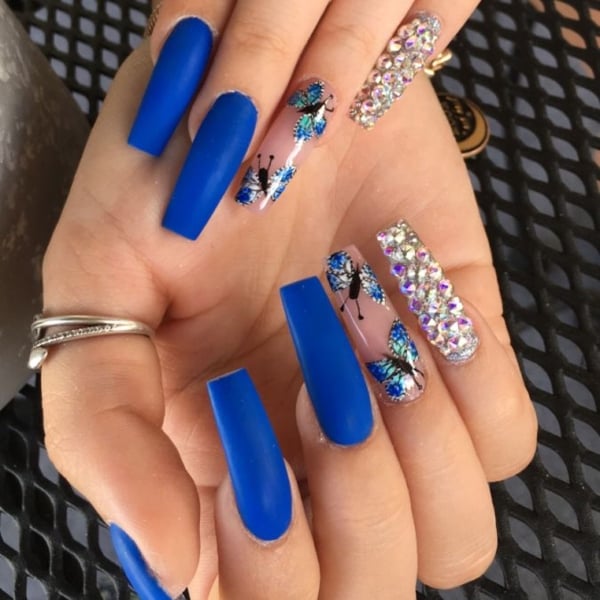 Royal Blue Nails With Butterflies (1)