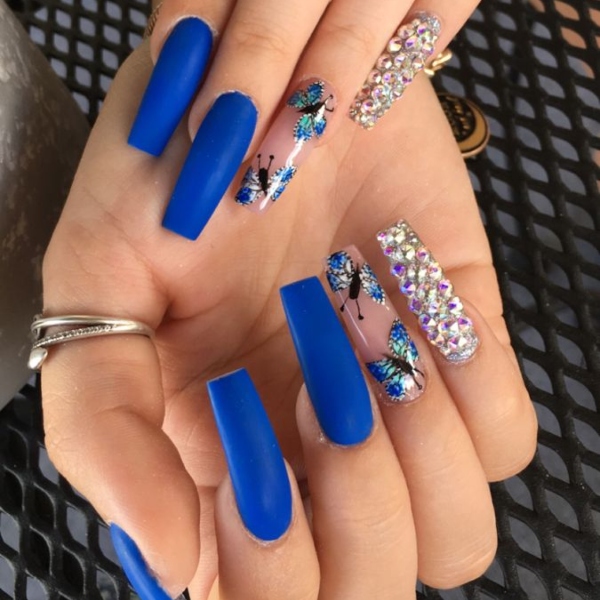 Royal Blue Nails With Butterflies (1)