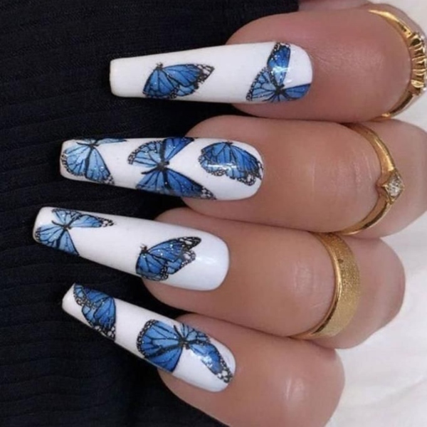 Royal Blue Nails With Butterflies