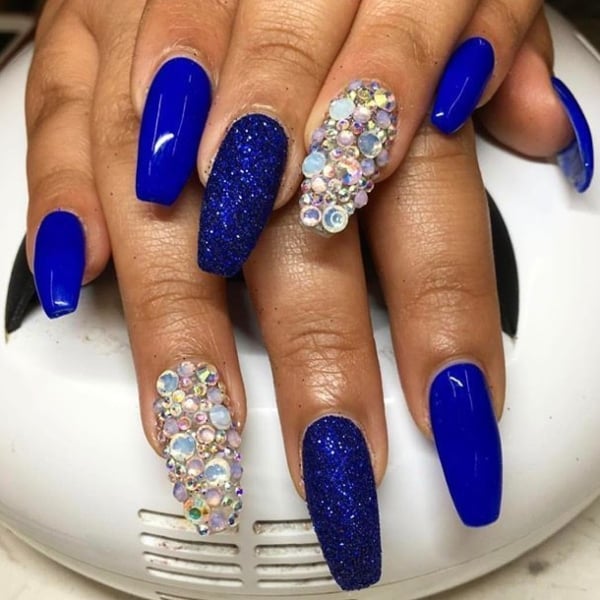 Royal Blue Nails With Rhinestones