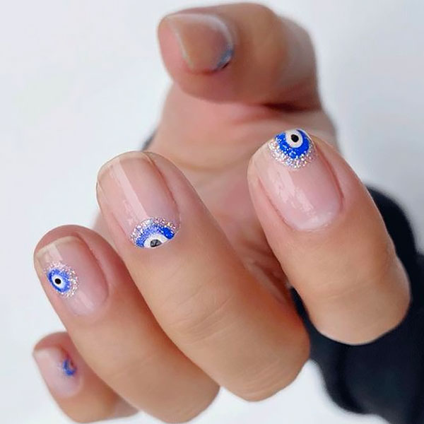 Clear Evil Eye Nail Design