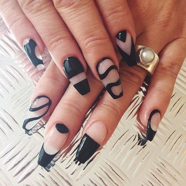 Clear Nails With Black Artwork