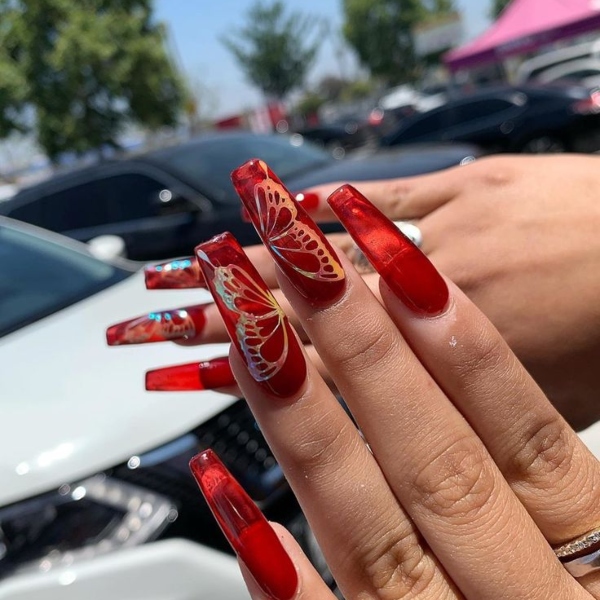 Amazon.com: 24Pcs Dark Wine Red Press on Nails Long Fake Nails Elegant Wine  Red Gradient Design Gold Glitter Shiny Glossy False Nails Red Solid Color  Natural Acrylic Nails for Women Girls DIY