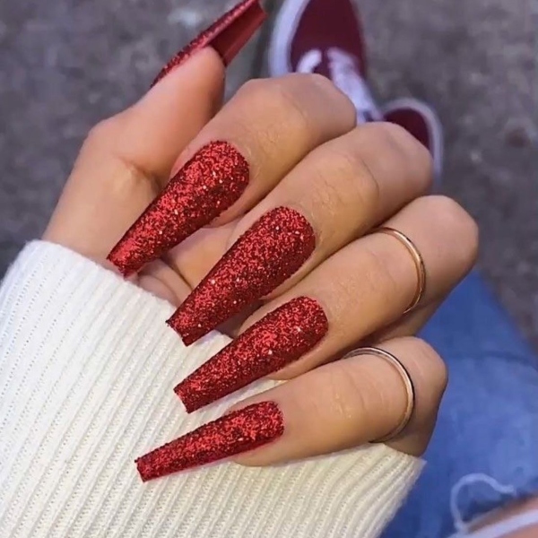 Nails by Monica - Matte red and gold glitter and crystals | Facebook