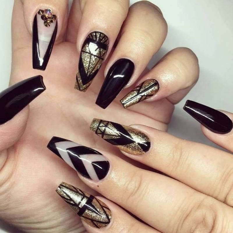 Coffin Black And Gold Nails