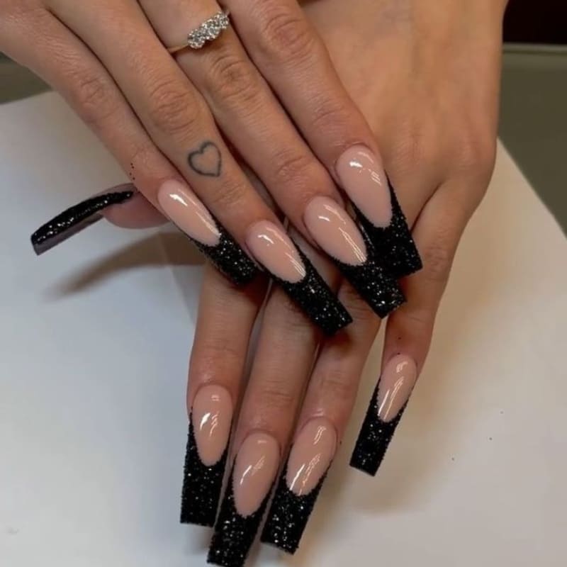 Coffin Black French Tip Nails