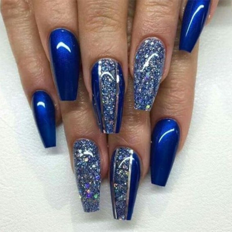 Starry Sky False Handmade Nails Glitter Blue Coffin | NOUMAY LIMITED