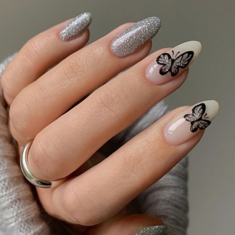 Grey Butterfly Nails