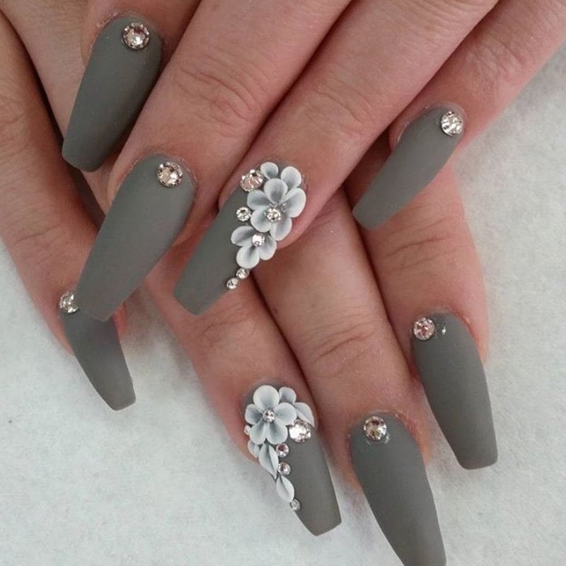 Grey Flower Nail Art