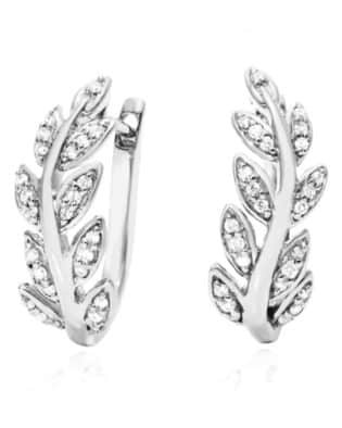 14k White Gold Diamond Leaf Hoop Earrings