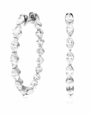 14k White Gold Marquise Round Diamond Inside Out Hoop Earrings