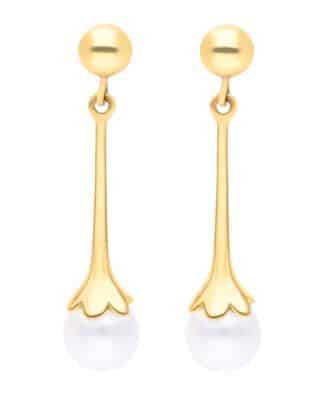 14k Yellow Gold Bellflower Cultured Freshwater Pearl Drop Earrings