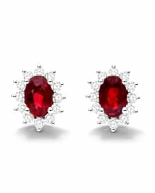 18k White Gold Oval Halo Ruby And Diamond Earrings