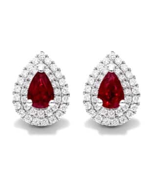 18k White Gold Pear Shape Ruby And Diamond Double Halo Earrings