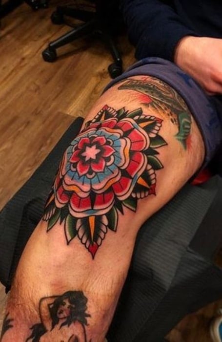 Tattoo tagged with flower outline handshake leg knee peony   inkedappcom