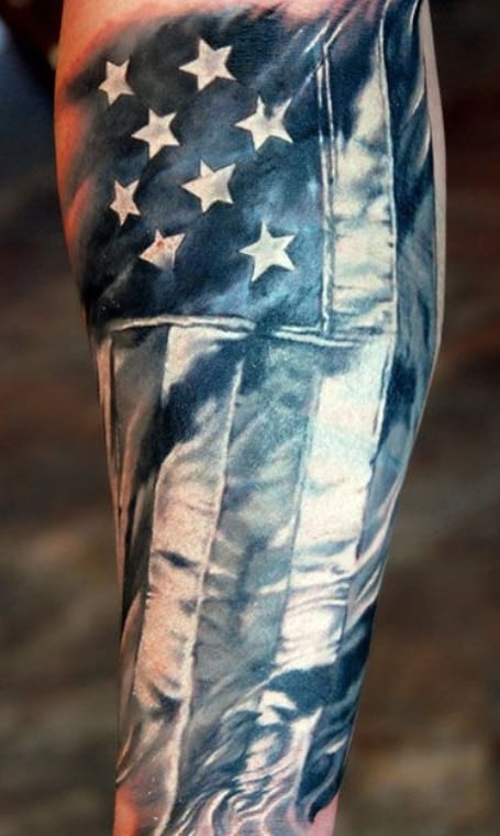 Black And Grey American Flag Tattoo