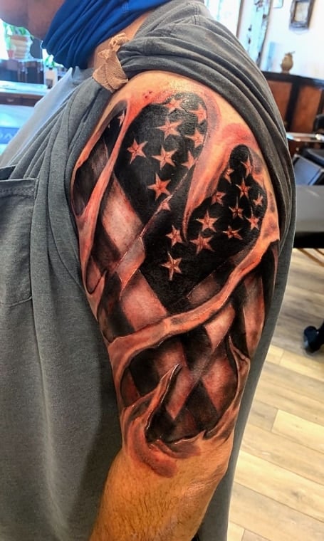 Black Ripped American Flag Tattoo
