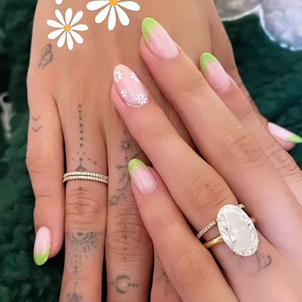 Hailey Bieber Daisies And Mint French Manicure