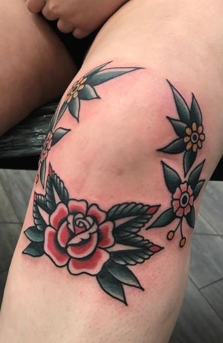 Cute flower legknee tattoo by Liv at Evermore Tattoo Parlour in Bedford  UK  rtattoos