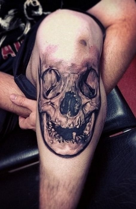 First tattoo skull around knee by Vinny from UNDRGRND in San Francisco CA   rtattoos