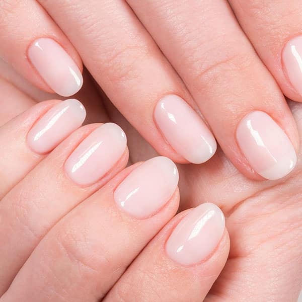 Closeup Top View Of Elegant Pastel Pink Natural Manicure. Female