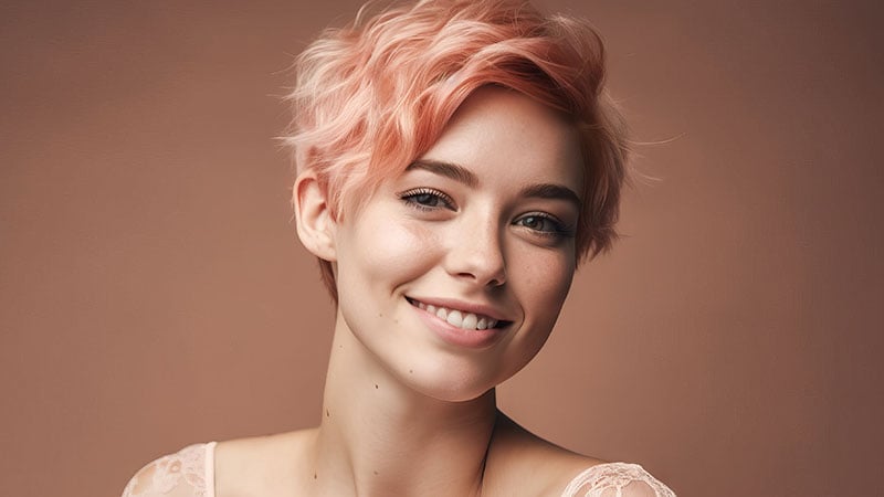 Beauty Portrait Of A Young Smiling Woman With Short Pink Hair On